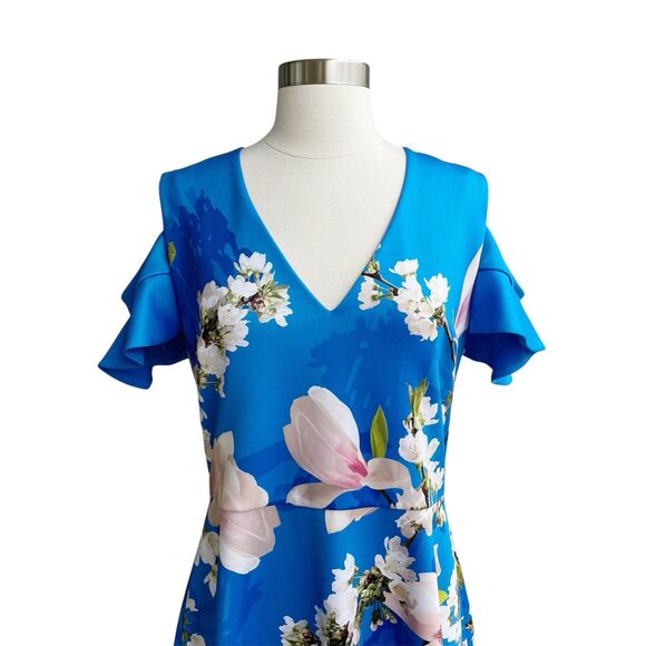Ted Baker Dress 4 Blue Floral Skater Ambre Harmony Cold Shoulder Flutter Sleeve - Picture 2 of 9